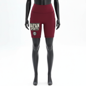 Shorts de mujer de algodón premium con elastano, color granate, con pedrería dorada y logotipo personalizado por transferencia térmica. - Product Image 1