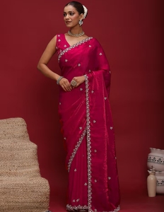 KV Women's Silk <b>Satin</b> Pink Embellished Modern Designer Saree with Unstitched <b>Blouse</b> for Party - Product Image 5