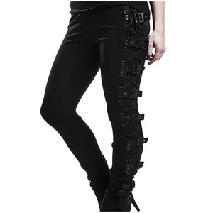 Pantalones y pantalones de estilo gótico para mujer, mallas con cadenas punk, pantalones cargo callejero, color negro, S-5XL