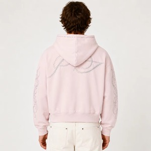 Sweat à capuche zippé personnalisé pour homme, rose, en coton French Terry, coupe oversize, avec broderie vieillie, strass et délavage vintage - Product Image 3