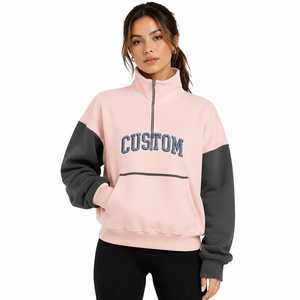 Custom Women Quarter Zip Color <b>Block</b> Sweatshirts Premium Fleece Stand Collar Casual Pullover Private Label Hoodies Manufacturer - Product Image 4