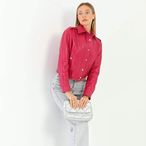 Pink PU Leather Bomber Jacket Women Turn-Down Collar Full Sleeve Short Length Solid Color Autumn Fashion Coat - Product Image 1
