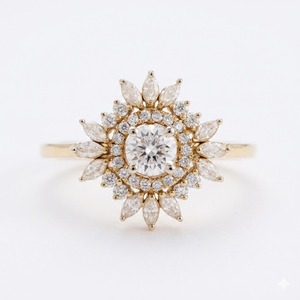 Vintage Art Deco Sunburst Lab Grown <b>Diamond</b> Engagement <b>Ring</b> Solid 14K Gold Double Halo Floral Design Elegant Jewelry For Women - Product Image 6