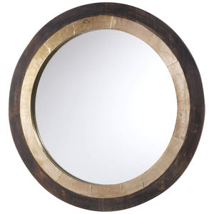 Grand miroir mural rond avec cadre bicolore en bois foncé et finition dorée, miroir décoratif rustique et moderne pour salon - Product Image 1
