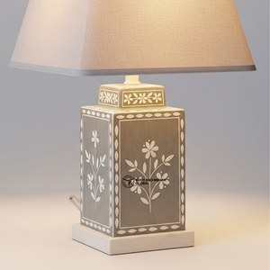 Handmade Bone Inlay <b>Table</b> Lamp with Fabric Shade | Elegant Floral <b>Bedside</b> Lighting Decor - Product Image 3