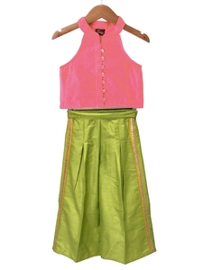 Haut sans manches en chanderi tissé Twisha, uni, avec pantalon palazzo - Corail et vert lime - Product Image 1