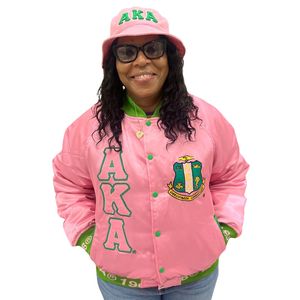 AKA <b>Pink</b> Satin Bomber <b>Jacket</b> Green Trim Unisex Varsity Style Embroidered Letters Ribbon Lining Casual Fashion Outerwear - Product Image 1