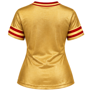 Camiseta de Fútbol Americano PDK para Mujer, Dorado y Rojo, Números 1923, Corona de Laurel, Cuello en V, Ribete a Rayas, Manga Corta, Artículos de la Hermandad - Product Image 4