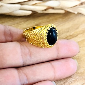 Latest Design <b>Boho</b> Tribal Gemstone <b>Ring</b> Tribal Brass <b>Rings</b> for Women 18k Gold Plated Chevron Onyx Jewelry for Wholesale/OEM/ODM - Product Image 2