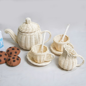 Juguetes educativos preescolares hechos a mano, juego de té de ratán natural, juguete para niños, juego de simulación, más vendidos. - Product Image 1