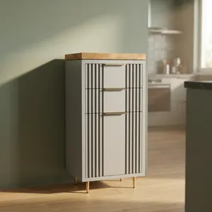 Modern Solid Mango Wood Bathroom <b>Cabinet</b> with Fluted Front Panels Natural Wooden Top <b>Slim</b> Storage Cupboard Freestanding - Product Image 2