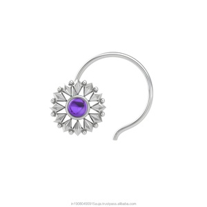 Piercing de nez en argent sterling 925 plaqué argent, motif floral ethnique indien, serti d'améthyste, pour femme, idéal pour les fiançailles - Product Image 1
