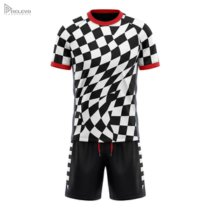 Custom Sublimation Soccer Uniform Set Warped <b>Checkered</b> <b>Mens</b> Football Jersey and <b>Shorts</b> Black White Match Kit - Product Image 1