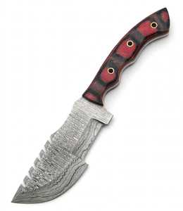 Couteau de camping à lame fixe en acier Damas artisanal avec dos de lame à double tranchant et manche en Micarta rouge-noir - Product Image 3