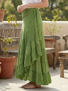 Falda cruzada marrón para mujer, falda de tela de algodón khadi en capas, falda acampanada estilo bohemio, talla única. - Product Image 4