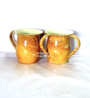 Taza colgante para lavado de manos de acero inoxidable con doble asa, esmaltada con purpurina azul, con patrón de follaje primaveral, hecha a mano, para rituales judíos.