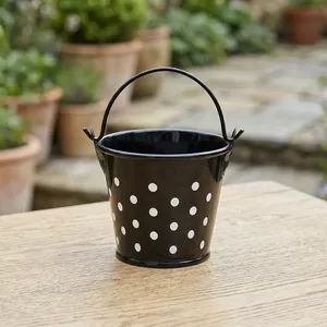 Black Metal <b>Bucket</b> with Handle White Polka Dots Decorative Storage Pail Multipurpose Home <b>Garden</b> Party Organizer - Product Image 4