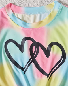 Girls 2-Piece Tie-Dye Heart Print Set Short Sleeve Top With Knot Front And Striped Shorts Summer Outfit - Product Image 3