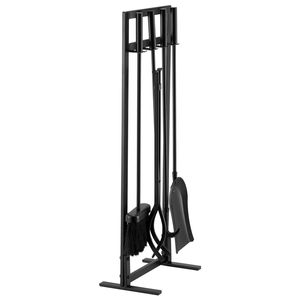Set di 5 Utensili Moderni in Metallo per Caminetto con Supporto Quadrato, Pinze, Paletta per Cenere, Spazzola e Pala per Braciere in Ferro Battuto - Product Image 1