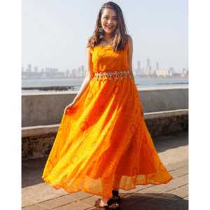 Vestido Bandhej Naranja Poppy con Cinturón, Silueta Holgada y Transpirable, Talla XS, Cintura Natural, para Ocio - Product Image 5