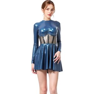 Minivestido sexy azul de PU con cuello alto, manga larga, corte ajustado y acampanado, con panel transparente, para fiesta - Product Image 6