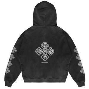 Custom Heavyweight <b>Black</b> <b>Fleece</b> Cross Hoodie Boxy Fit Oversized Streetwear Embroidered Mens Pullover - Product Image 2