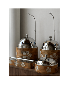 Recipiente para calentar comida de diseño moderno con madera de alta calidad y tapa de MOP, forma redonda, tamaño personalizado. - Product Image 1