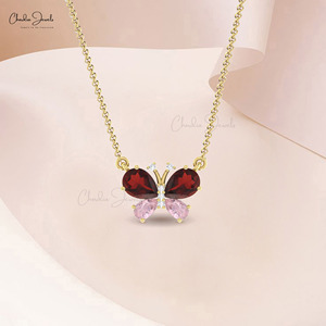 Natural 7x5mm Mozambique Garnet & Morganite Butterfly <b>Pendant</b> Necklace 14k <b>Solid</b> <b>Gold</b> Diamond 16" Inch Cable Chain Necklace - Product Image 6