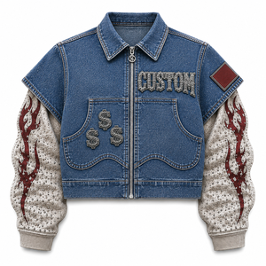 Custom <b>Denim</b> Zip Up <b>Jacket</b> Flame Sleeve Street Wear Casual Fashion <b>Cropped</b> Outerwear For Women And Unisex Wear - Product Image 1