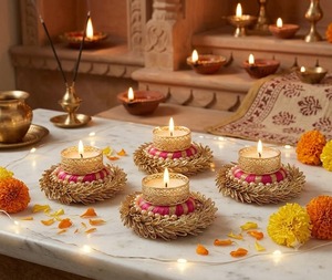 Porte-bougies décoratifs faits à la main en or rose pour bougies chauffe-plat, pour Noël, Diwali, Rangoli, mariages, décoration de table, centre de table - Product Image 2