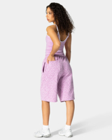 Shorts Bermuda Femme en Coton Premium 100% avec Logo Personnalisé Brodé, Imprimé Léopard Lavande et Passepoil Côtelé