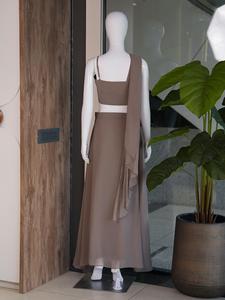 Brown Embroidered Georgette Lehenga Set Floral Spaghetti Strap Crop <b>Top</b> Pleated Maxi Skirt Party Wear - Product Image 5