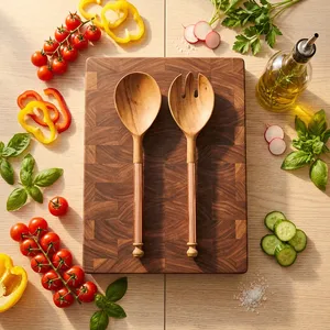 Ensemble de couverts écologiques en gros pour salade, manches en bois et résine, compatibles lave-vaisselle/micro-ondes/four, couverts en acier doré PVD - Product Image 4