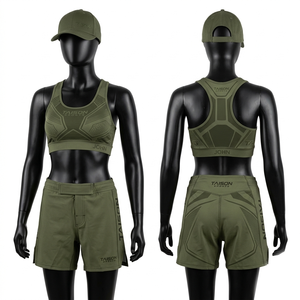 Premium BJJ bra and short set 240 GSM nylon spandex blend black panel design heat transfer logo custom fit - Product Image 4