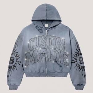 Sweat à capuche zippé personnalisé pour homme, coupe ample, effet vieilli, avec motif en strass, en molleton épais, style streetwear vintage, surdimensionné, OEM - Product Image 2