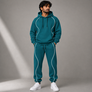 Men's Teal Pullover Hoodie with White Contrast Piping Drawstring Hood and Jogger <b>Pants</b> for Relaxed Fit for Casual Streetwear - Product Image 1