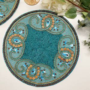 Handmade Knitted Floral Pattern Polyester/Cotton Eco-Friendly Home Use <b>Placemat</b> Set Teal & Wood <b>Beads</b> 14 Inch - Product Image 2