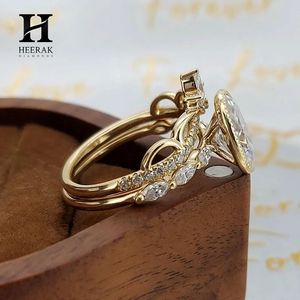 Ensemble de bagues de mariage de luxe à taille ovale, 2 pièces, avec bande de protection en forme de couronne entrelacée, en or jaune 10K 14K, bijoux personnalisés - Product Image 3