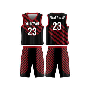 Ensemble de maillots de basket-ball personnalisés, noir et rouge rayé, col en V, sans manches, unisexe, adulte, séchage rapide, impression sublimée, vêtements d'équipe - Product Image 1