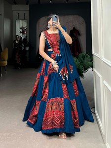 Women Traditional Indian Pakistani Wedding <b>Saree</b> Set Blue <b>Red</b> Embroidered Cotton Floor-Length Loose Fit Adult Size 7 Days Sample - Product Image 3