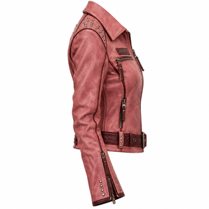 Chaqueta de cuero genuino para mujer, color rosa polvo, estilo motero, con cinturón y hombros con púas, estampado gráfico personalizado, proveedor OEM - Product Image 3