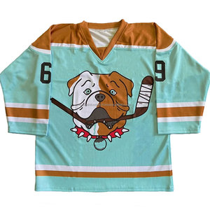 Maillot de hockey sur glace personnalisé sublimé, imprimé chien de dessin animé, col en V, manches trois quarts, unisexe adulte, vêtement anti-humidité, bleu glace - Product Image 1