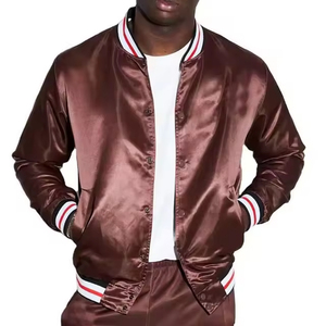 Chaqueta Bomber de Satén Marrón para Hombre, Cuello Camisero, Corte Regular, Estilo Casual Otoñal, Cierre de Botones, Color Sólido - Product Image 1