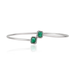 Stunning <b>Solid</b> 925 Sterling <b>Silver</b> Octagon Cut 100% Genuine Emerald & Diamond Open Cuff Bangle Fine Jewelry - Product Image 1