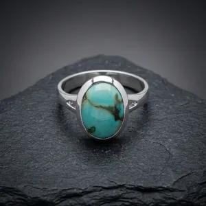 Tibetan Turquoise 925 Sterling Silver Handmade Oval Ring Natural Green Gemstone Vintage Boho Jewelry - Product Image 4
