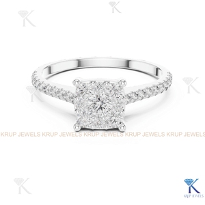 Bague de fiançailles personnalisée en or massif 14 carats avec diamant CVD HPHT de laboratoire taille brillant, certifié IGI, sertie en grappe carrée et pavé - Product Image 5