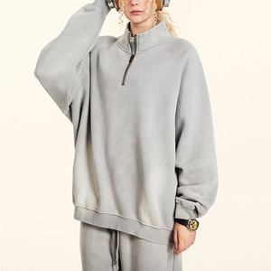 Sudadera con capucha vintage para hombre, de tejido grueso, estilo urbano, con cuello alto, cremallera de 1/4, a rayas, con efecto lavado ácido y logotipo frontal - Product Image 2