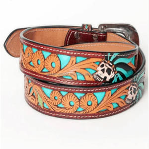 เข็มขัดหนังสไตล์ตะวันตกหนังแท้สำหรับผู้ชาย, เข็มขัดแฟชั่นย้อนยุคลายนูนนูนลายดอกไม้หัวเข็มขัดคาวบอย - Product Image 1