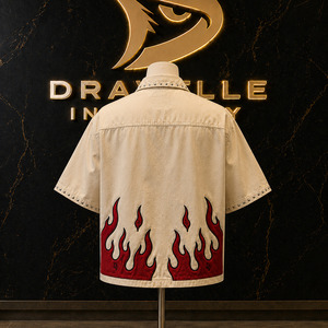 Custom <b>Flame</b> Applique Y2K Varsity <b>Shirt</b> Oversized Boxy Button-Up Studded Collar Puff Embroidery Zipper Placket Streetwear Men - Product Image 2