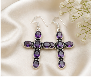 Boucles d'oreilles pendantes en argent sterling 925 avec croix en améthyste naturelle, faites à la main, pierres précieuses violettes, pour femmes, bijoux en gros - Product Image 1